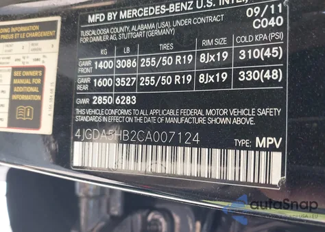 2012 Mercedes-Benz Ml 350 4Matic from USA, damaged, VIN 4JGDA5HB2CA007124